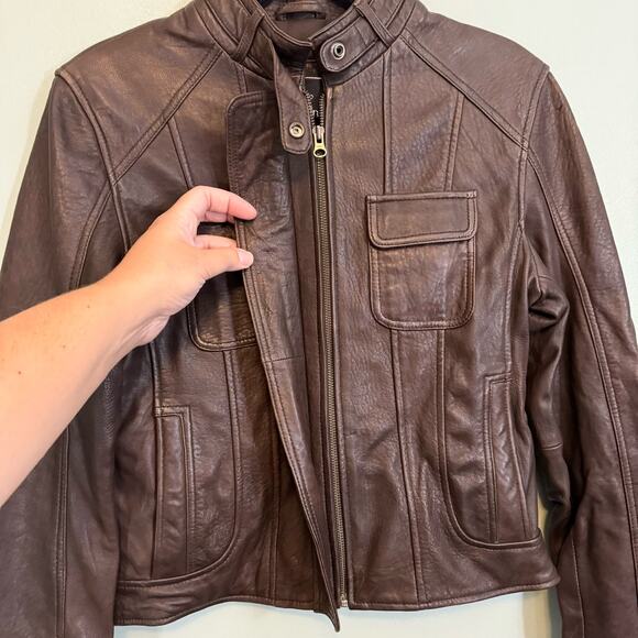 Giorgio Valentino Jacket Womens M Moto Biker Leather Mock Neck Zip Brown - Picture 6 of 10